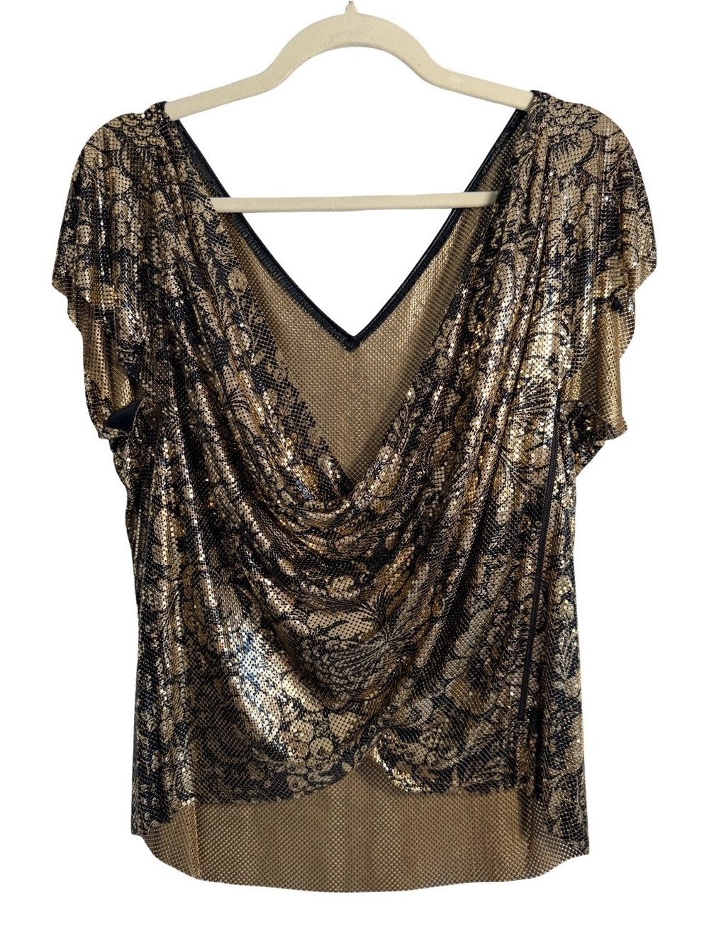 Whiting & Davis Gold and Black Metallic Drape-Front Blouse